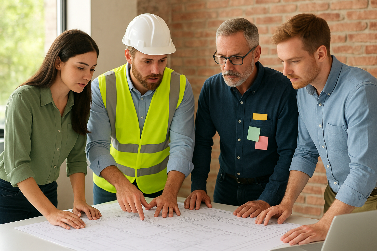 Tradespeople and engineers working on a green retrofit project