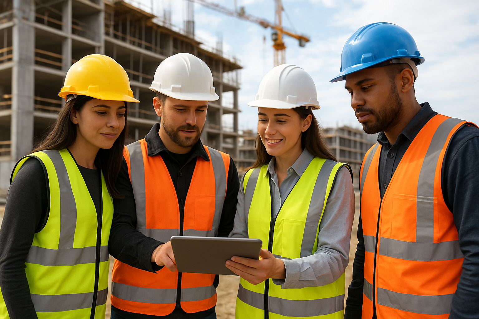 Construction site worker using tablet to view BIM model
